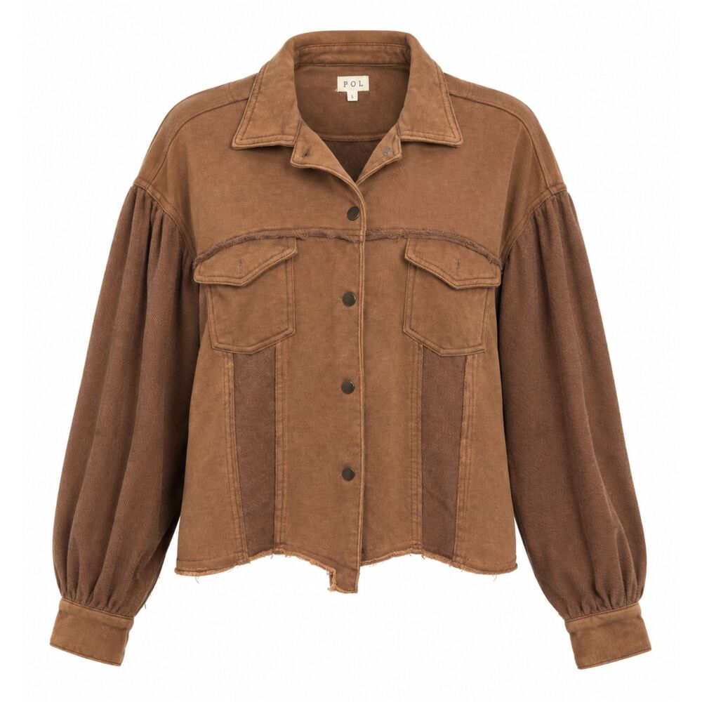 POL Large Brown Utility Jacket Raw Hem Boho Western Artisan Shacket Cotton Blend